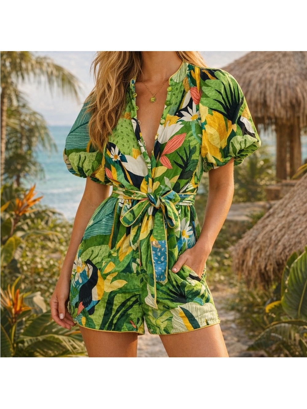 FARM Rio Vintage Toucan Tropical Floral Romper Extra Small | Belted Green Resort